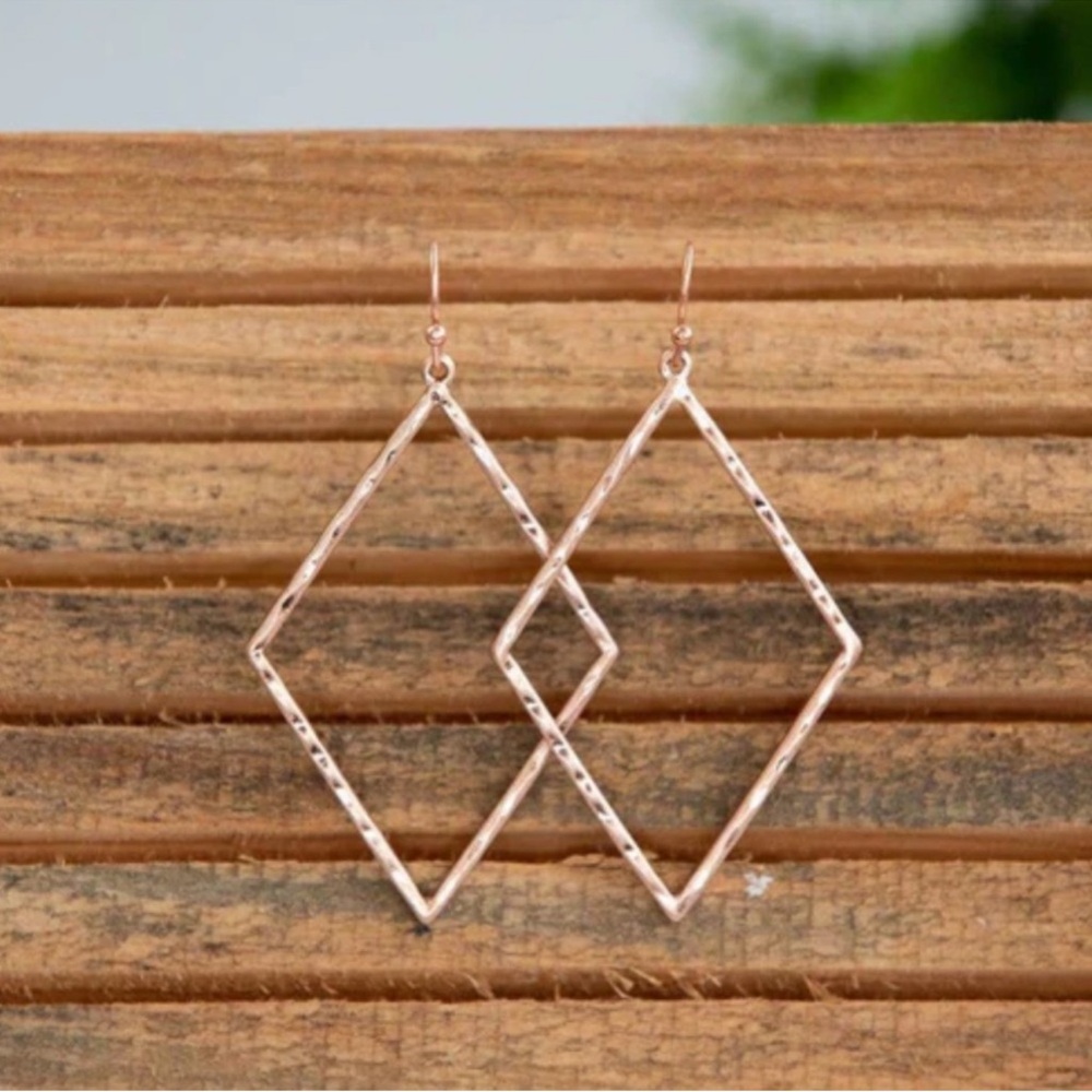 Rose Gold Geometric Diamond Dangle Earrings Hammered Boho Minimalist